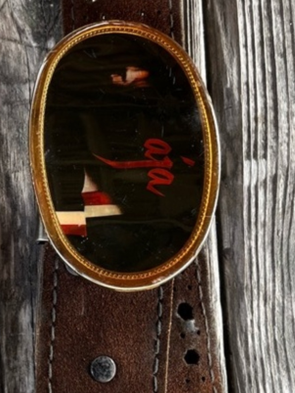 Rare Steely Dan Aja gold -Tone Oval Brown Leather Belt with Black Gloss Buckle